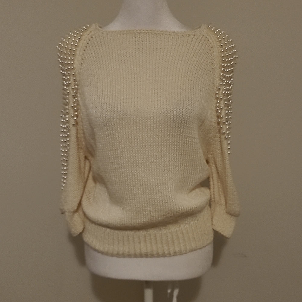 Cream Crew Neck Sweater with Studded Shoulders
